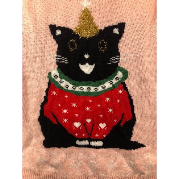 Christmas Sweater Size S Pink Cat Lady Black Snowflakes Cute Fun Oversized READ - Picture 4 of 8